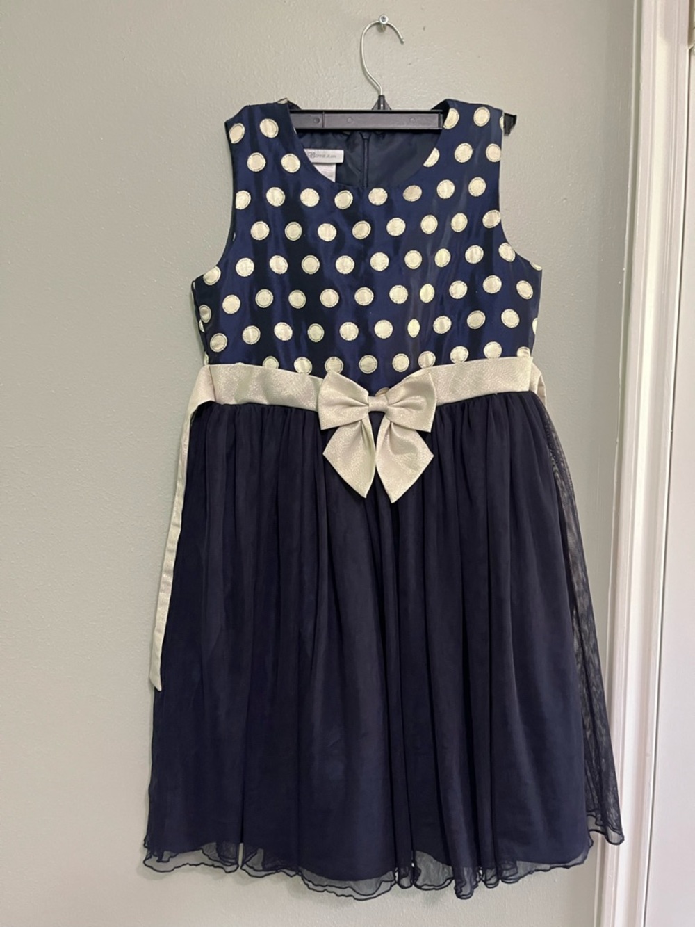Bonnie Jean Navy and Cream Polka Dot Bow-Front Formal Dress